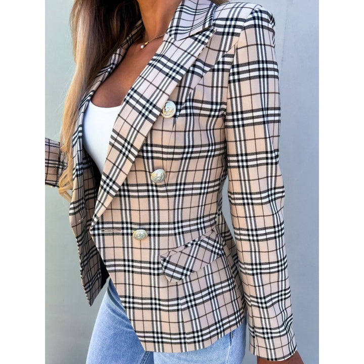 Plaid blazer for women with a modern design featuring a double row of buttons and chic elegant details.