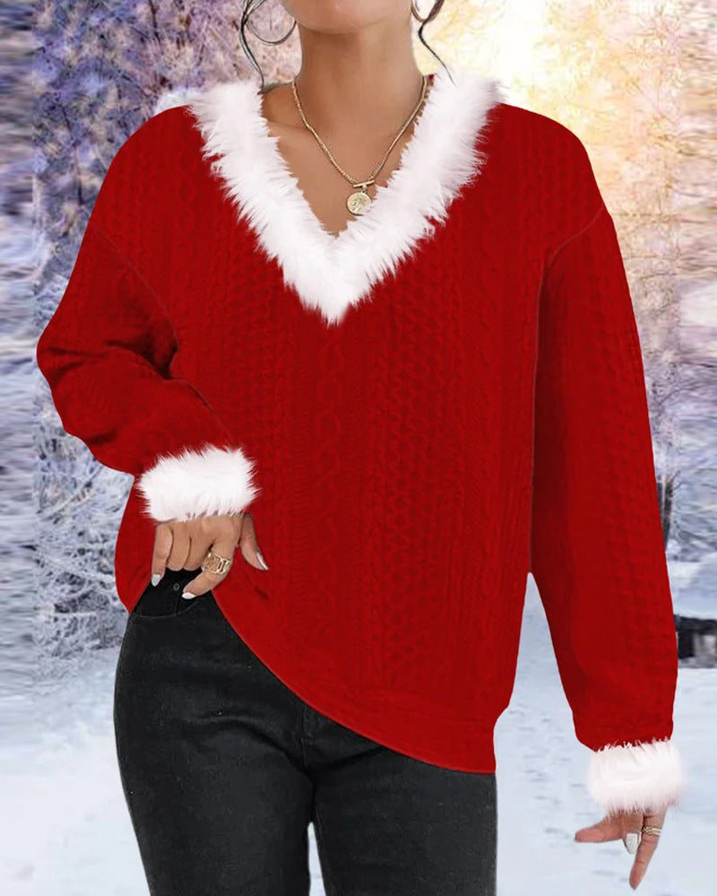 Sweater en tricot pour femmes avec décolleté en V et bord en fausse fourrure contrastant Chic & Stil