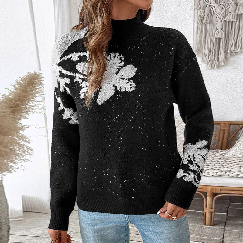 Women's Knitted Sweater with Floral Pattern and High Collar Lune London