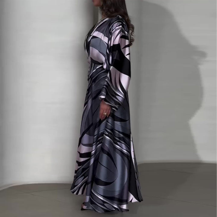 Women's maxi dress with innovative wrap design and flowing hem
