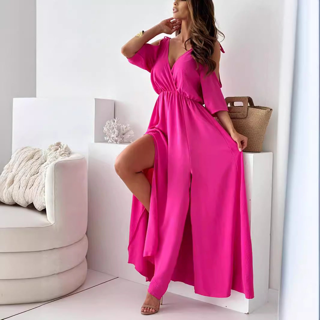 Elegant maxi dress for women with deep V-neck and slit Lune London
