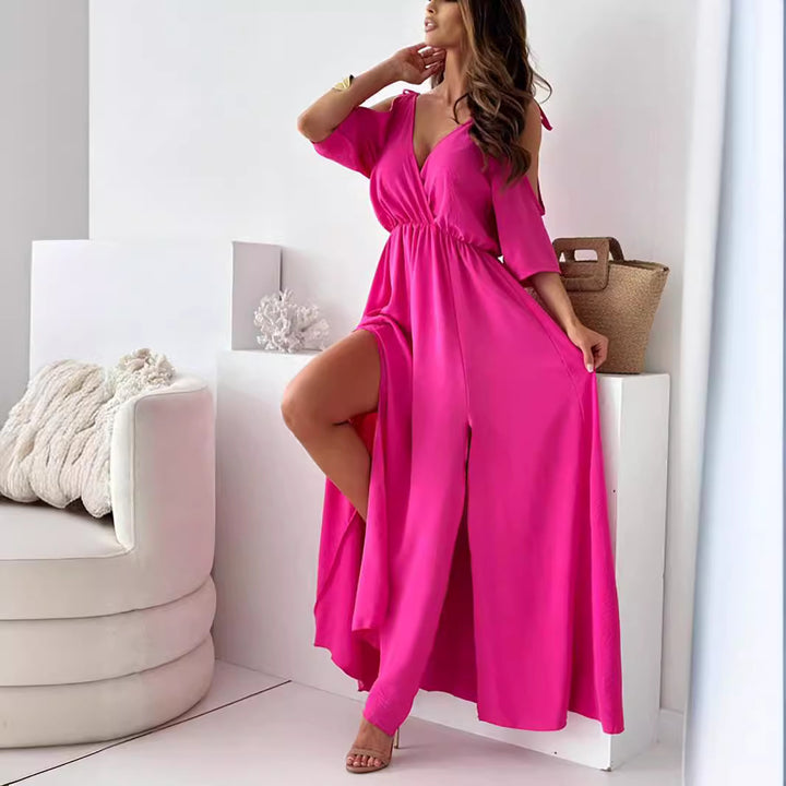 Elegant maxi dress for women with deep V-neck and slit Lune London