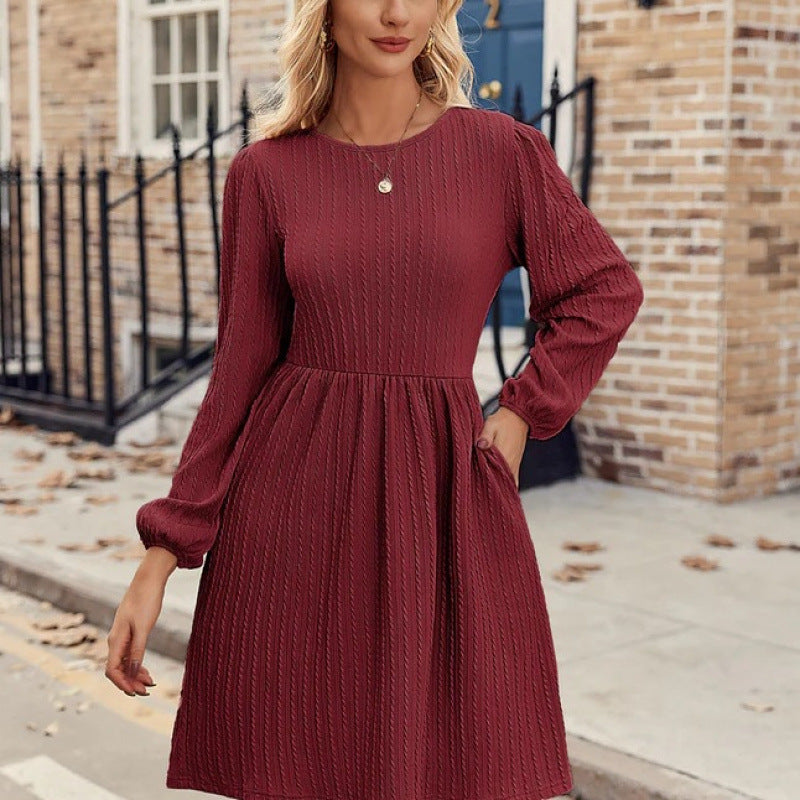Lune London Women's Ribbed Knit A-line Dress with Puff Sleeves