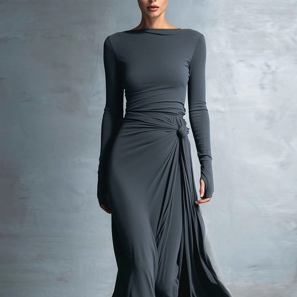 Women's elegant evening dress with long sleeves and wrap design Lune London