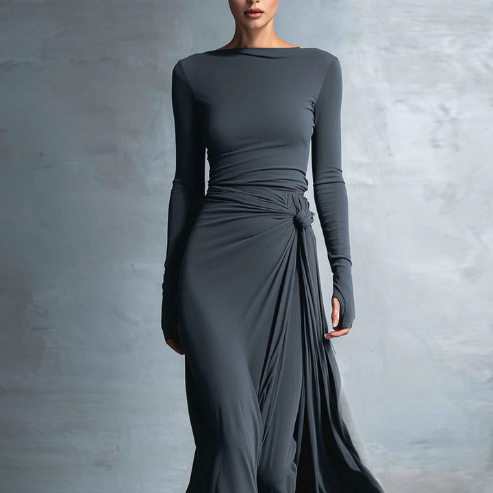 Women's elegant evening dress with long sleeves and wrap design Lune London
