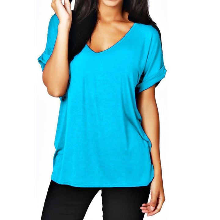 Casual women’s V-neck t-shirt with rolled-up sleeves Lune London