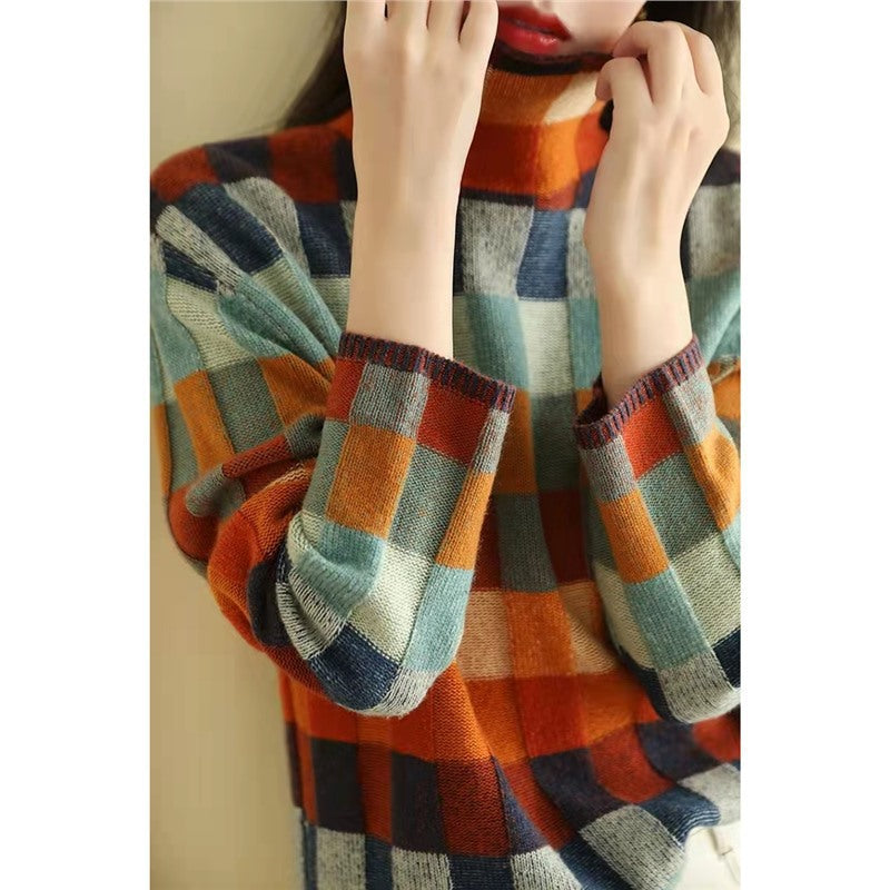 Pull en tricot pour femmes avec un motif à carreaux moderne et un col haut Lune London