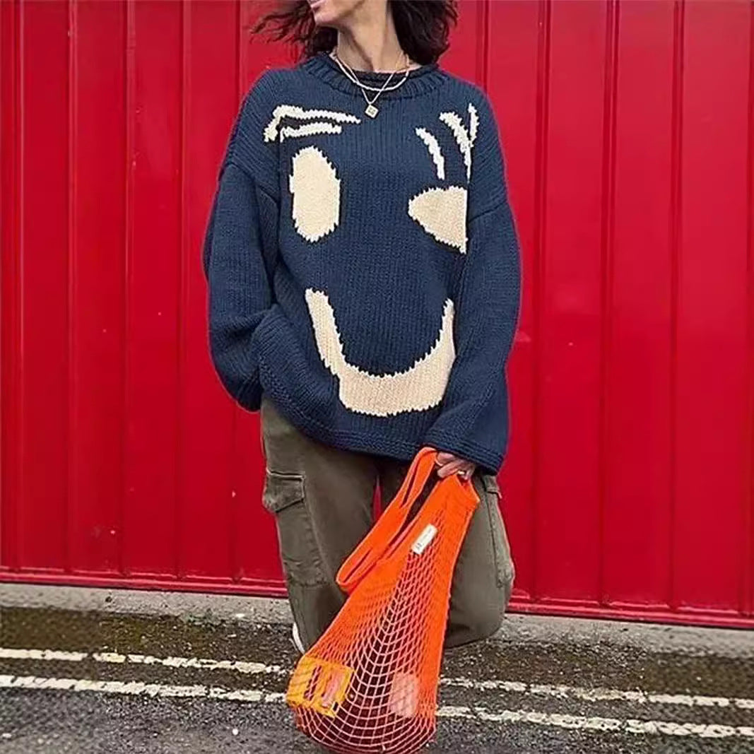Chunky knit sweater for women with creative Smiley pattern Lune London