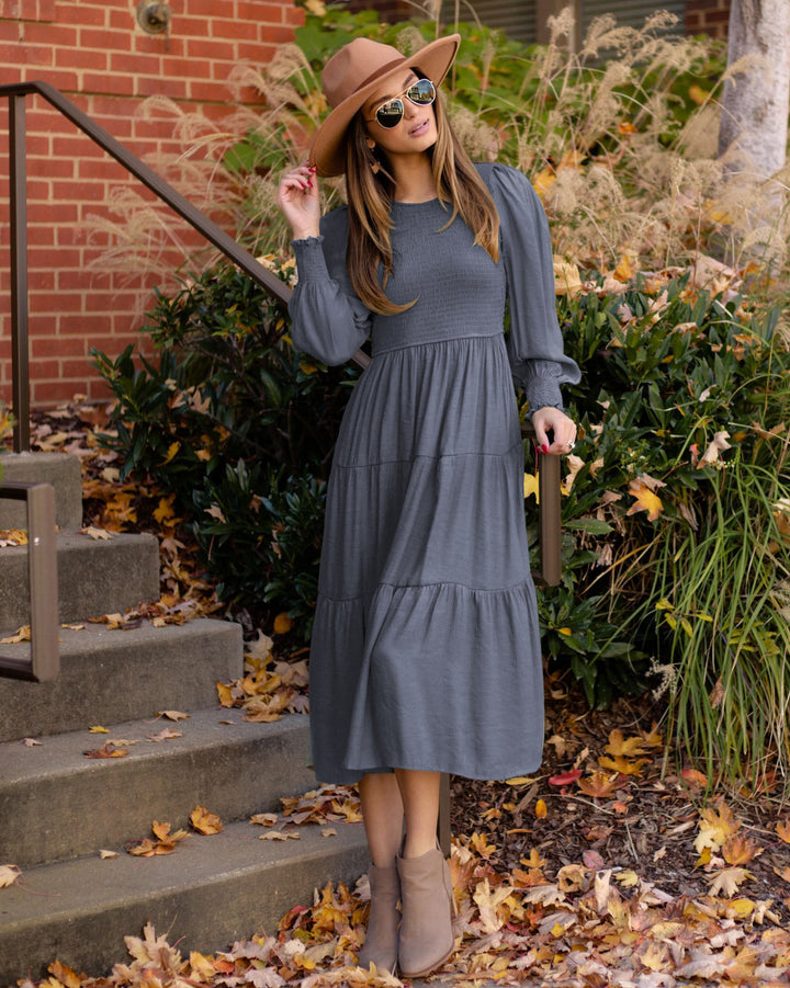 Midi dress for women with balloon sleeves and a ruffle detail Lune London