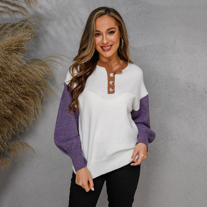 Pull décontracté pour femmes avec patte de boutonnage et manches contrastées Chic & Stil
