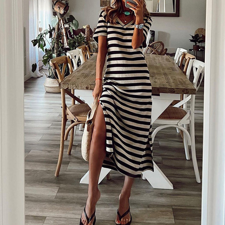 Maxi dress for women with a deep side slit and a trendy striped pattern Lune London