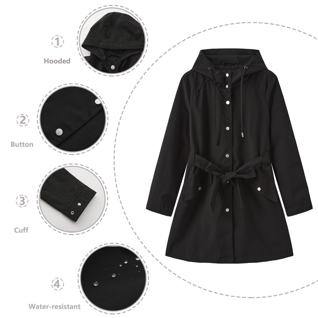Modest outdoor jacket for ladies with belt and hood Lune London