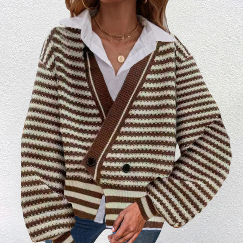 Ladies Thick Knit Cardigan with V Neck and Chic Modern Stripes