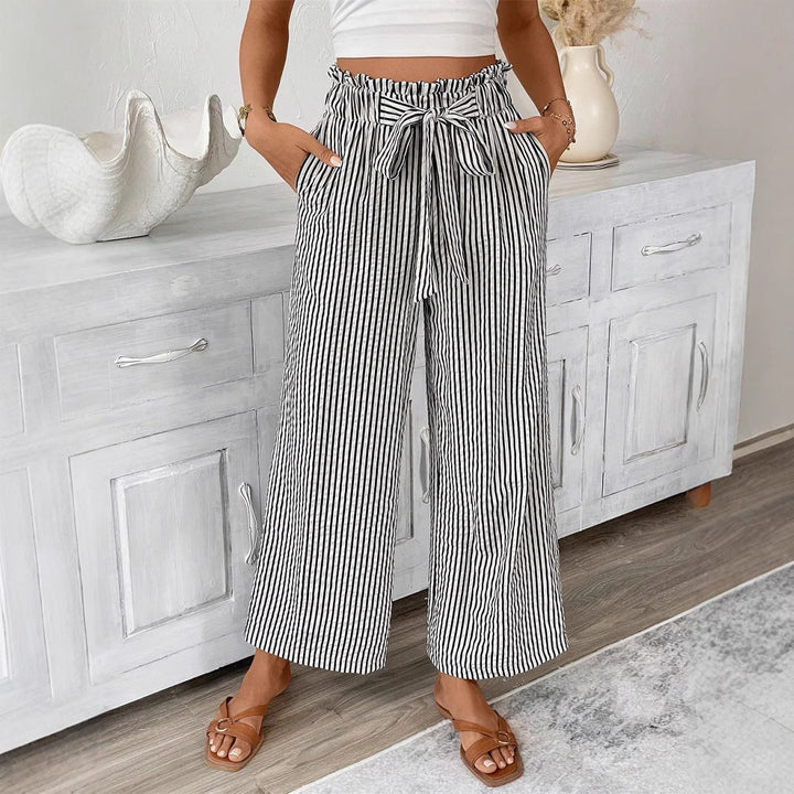 Wide striped leisure trousers for women with a tie belt Lune London