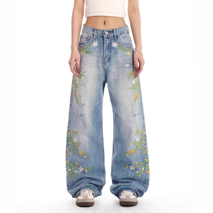 Ladies embroidered wide Denim jeans Lune London