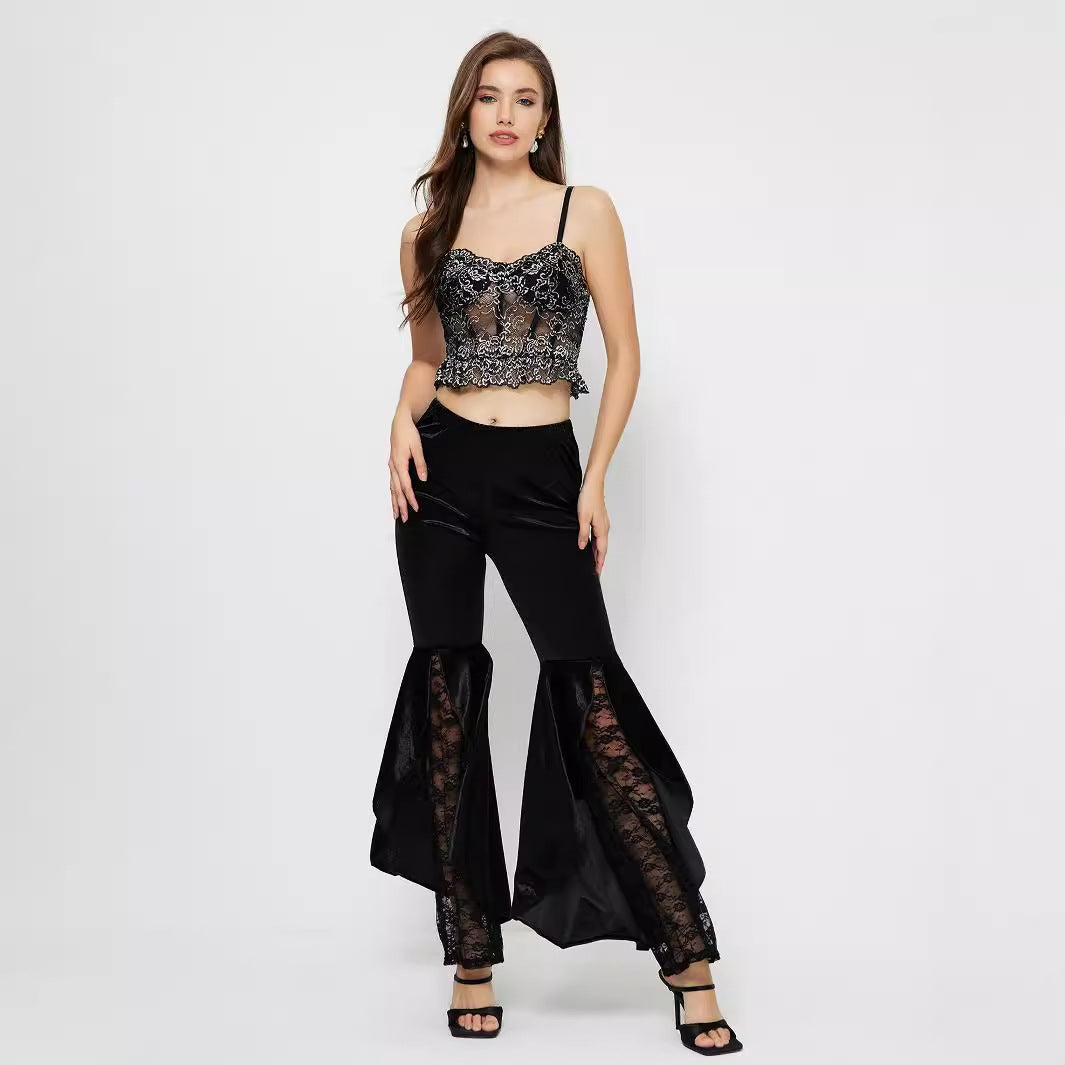 Pantalons palazzo taille haute élégants pour femmes avec inserts en dentelle transparente Chic & Stil