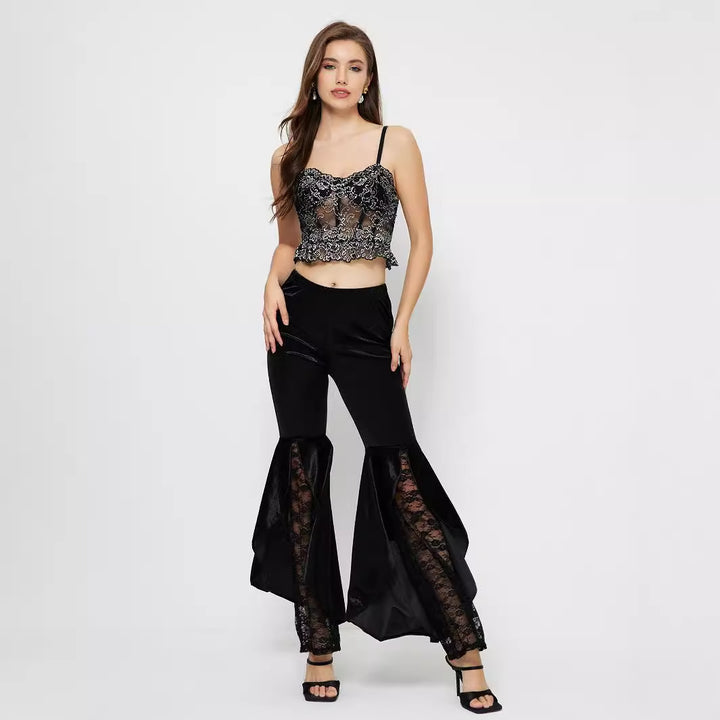 Pantalons palazzo taille haute élégants pour femmes avec inserts en dentelle transparente Chic & Stil