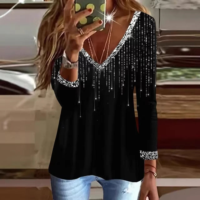 Blouse à paillettes pour femmes avec décolleté en V et accents brillants et manches longues Chic & Stil