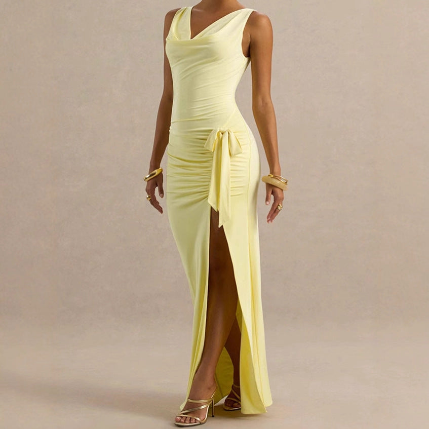 Elegant evening dresses for women with deep V-neckline and ruffle details on the sides Lune London