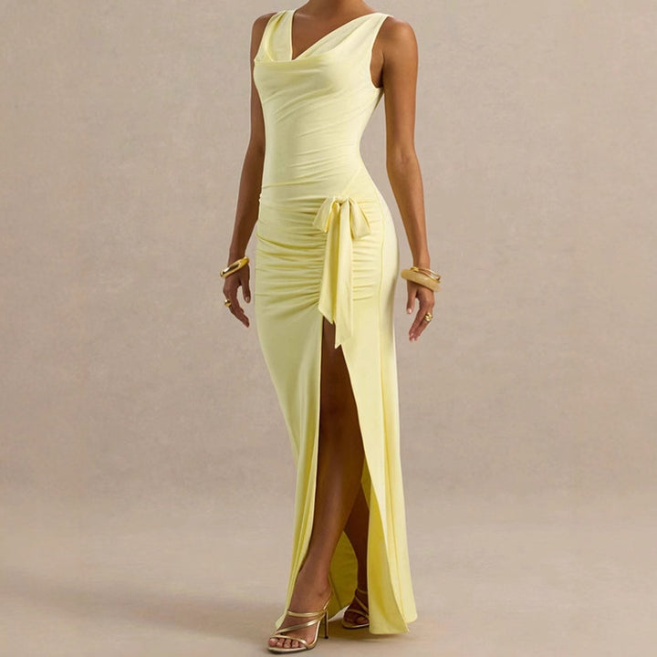 Elegant evening dresses for women with deep V-neckline and ruffle details on the sides Lune London
