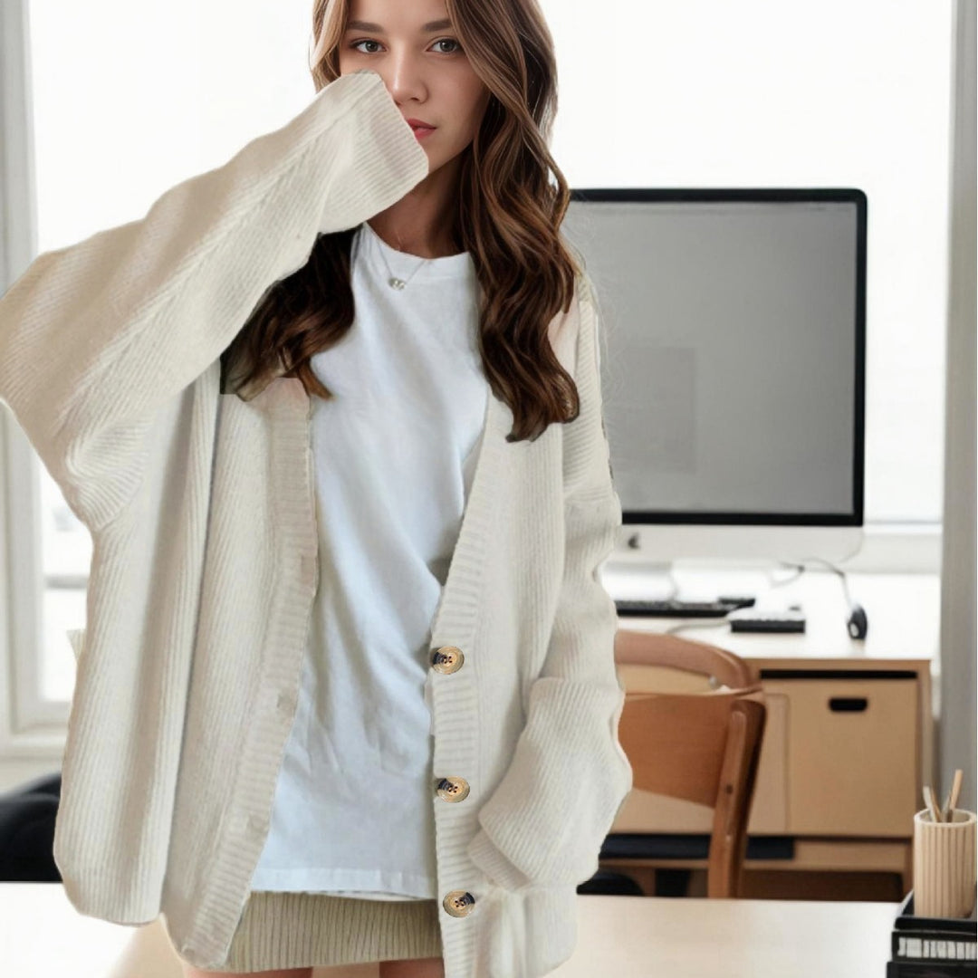 Ladies' oversized knit cardigan with deep V-neck and large buttons Lune London