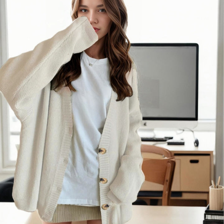 Ladies' oversized knit cardigan with deep V-neck and large buttons Lune London