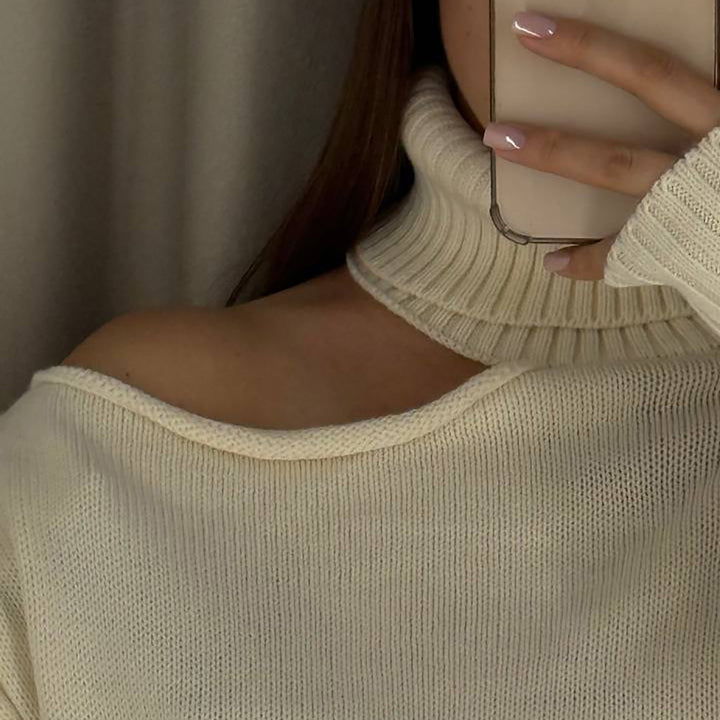 Oversized sweater for women with asymmetrical neckline and high collar Lune London