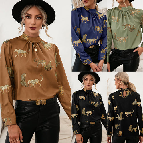 Women's blouse with glamorous animal print and elegant high collar Lune London