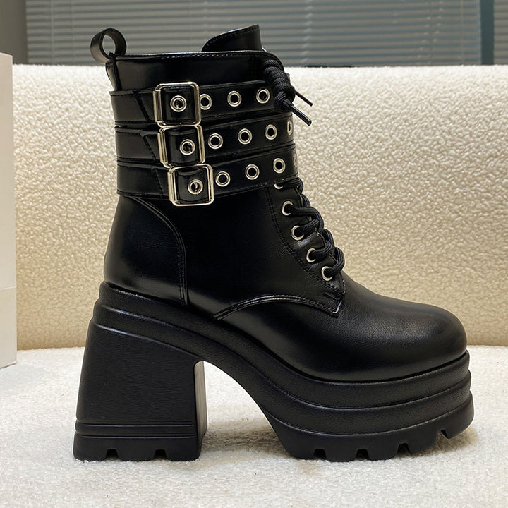 Chunky boots for women with decorative straps and a sturdy profile Lune London