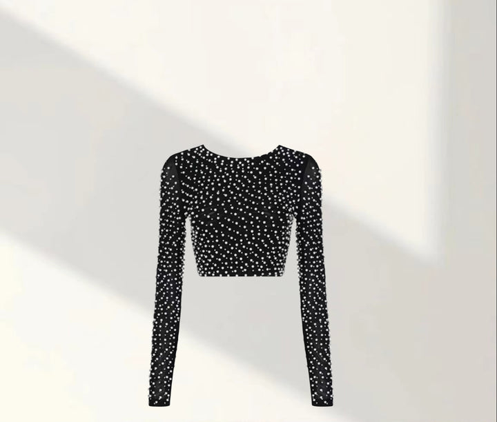 Ladies Elegant Long Sleeve Crop Top with Chic Pearl Trim and Style
