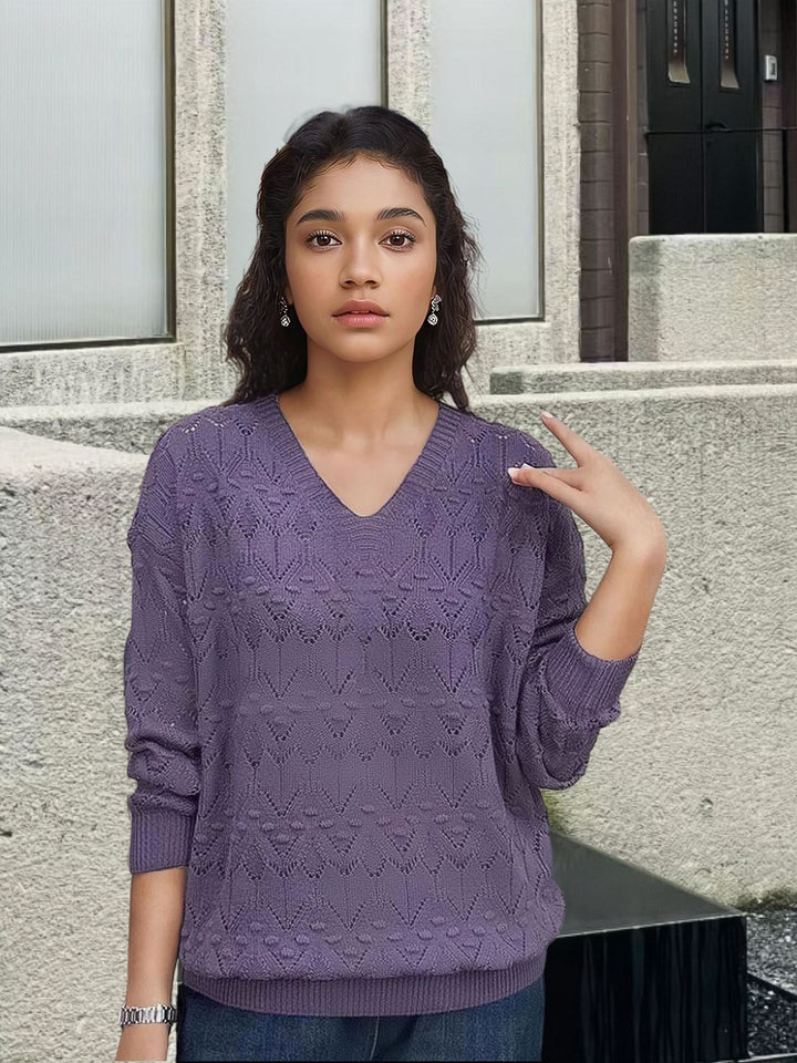 Knit sweater for women with V-neck and a delicate lace design Lune London