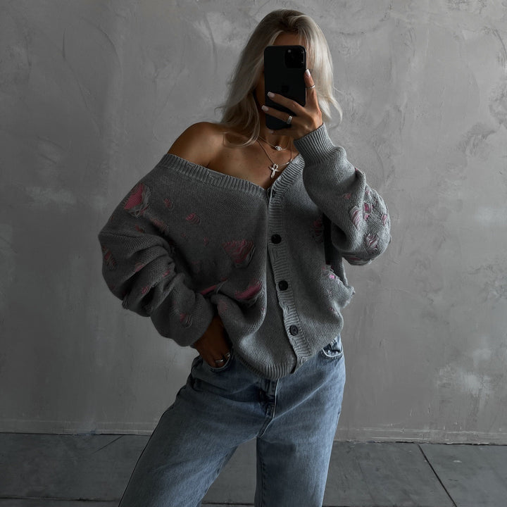 Oversized knit jacket for women with a floral design and a relaxed fit Lune London
