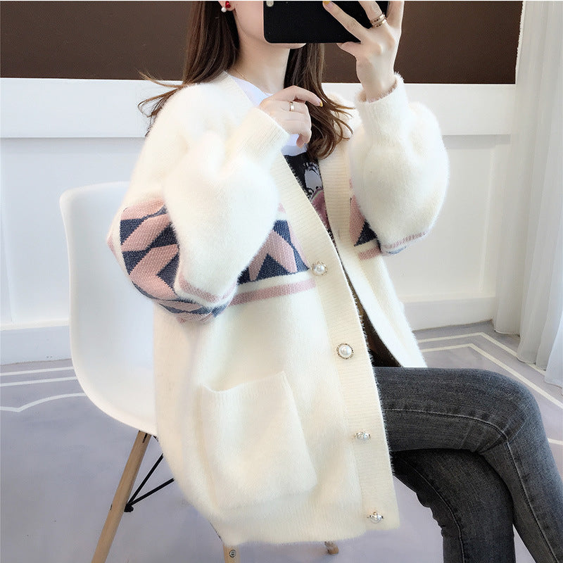 Ladies Cardigan with geometric patterns and fluid silhouette Lune London