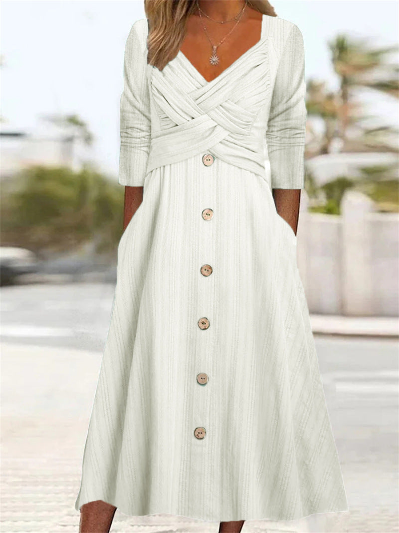 Maxi button dress for women with crisscross top detail Lune London