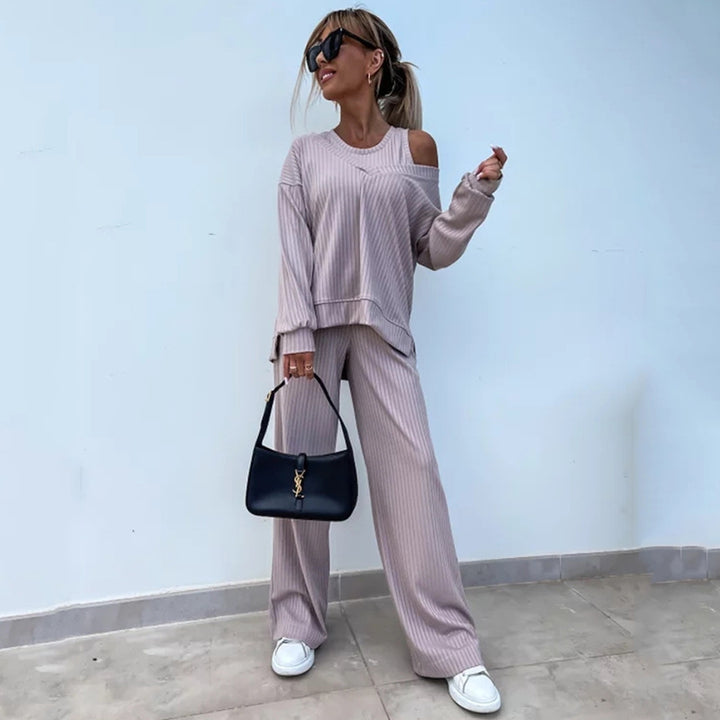 Lune London women's ribbed knit casual set with asymmetrical cutouts