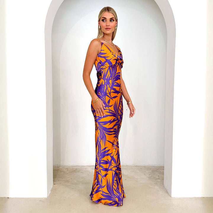 Women's maxi dress with deep neckline and floral print Lune London