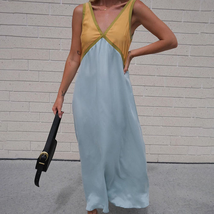 Maxi dress for women with deep V-neckline and asymmetrical design Lune London