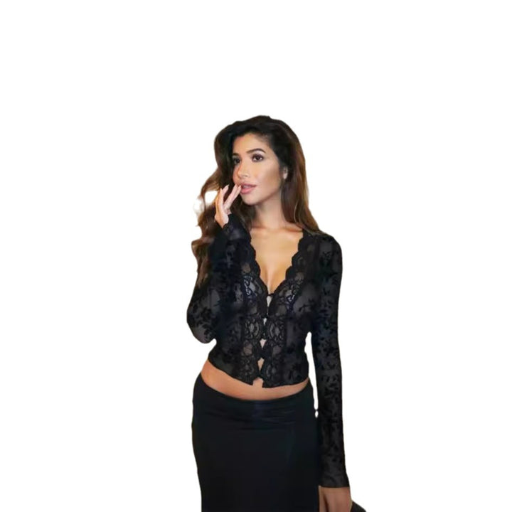 Lace blouse for women with leopard pattern and romantic ruffles Lune London