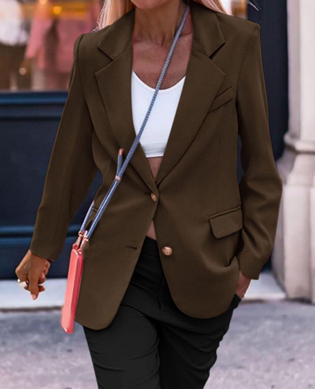 Ladies Elegant Blazer with Single Button Closure and Gold Buttons and Fitted Cut Lune London
