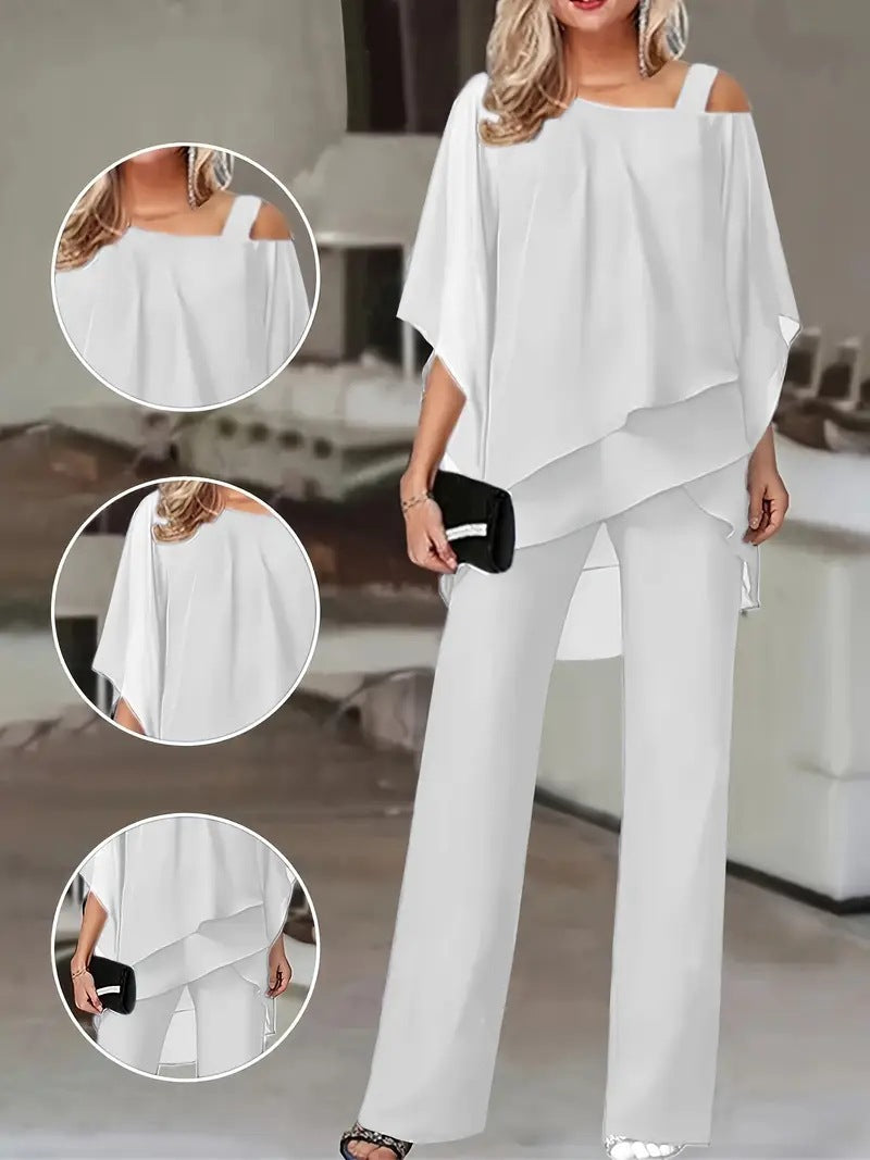 Ladies Elegant Two Piece Set with Fluid Top and Chic Flared Pants