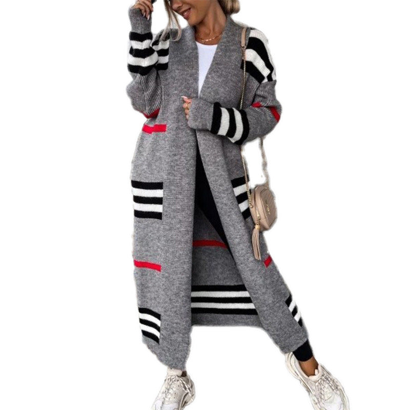 Long knit jacket for women with trendy striped pattern Lune London