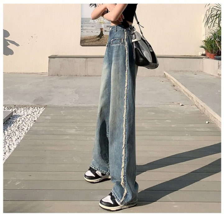 Jean en denim à coupe large pour femmes avec franges et jambes hautes Chic & Stil