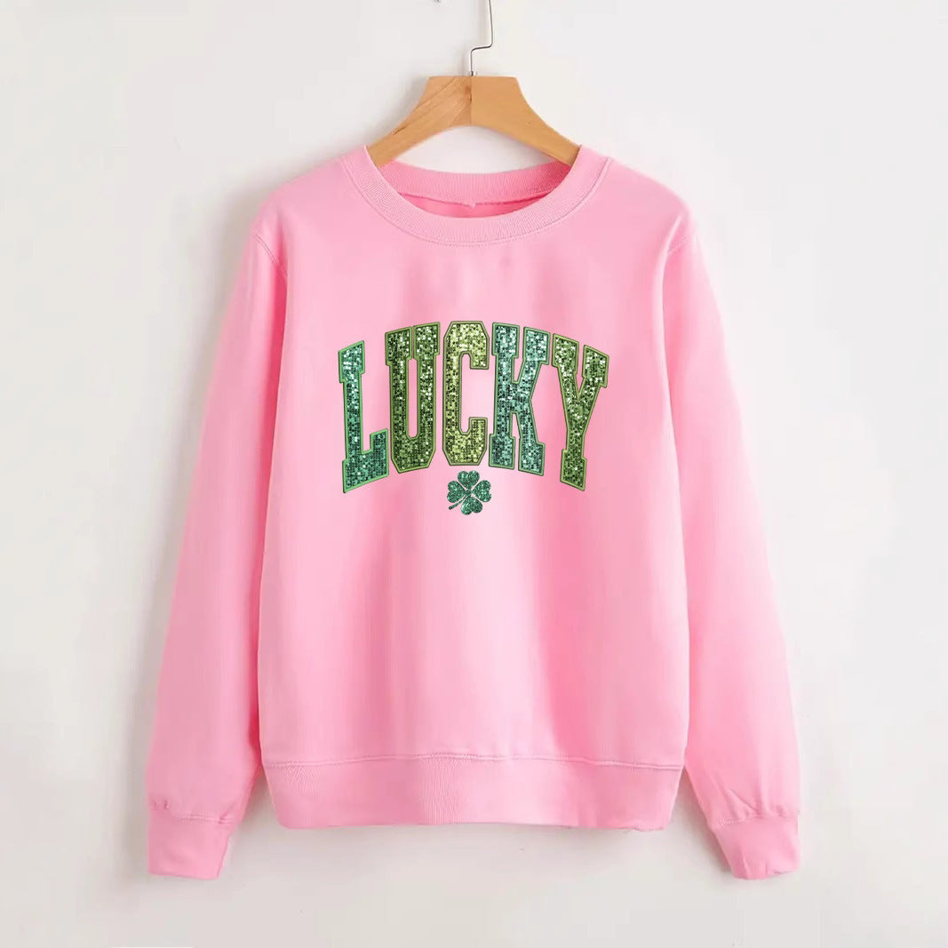 Sweatshirt décontracté pour femmes avec lettrage étincelant et motif de trèfle Chic & Stil