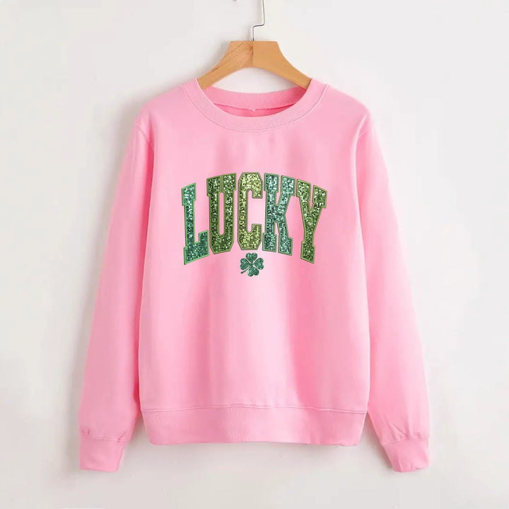 Sweatshirt décontracté pour femmes avec lettrage étincelant et motif de trèfle Chic & Stil