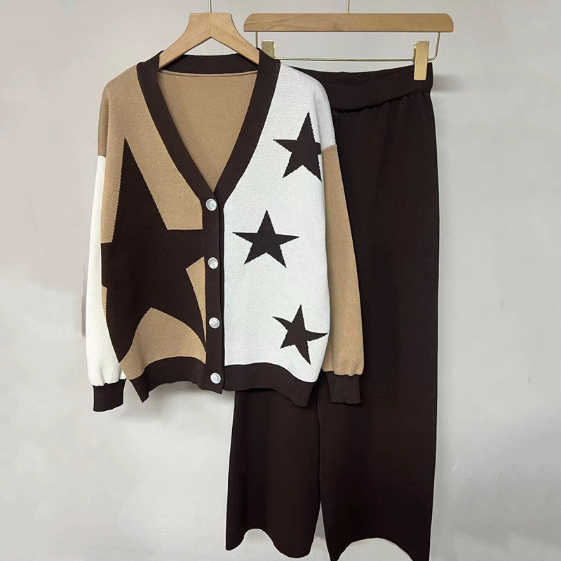 Lune London striking star pattern knit women's set with button details