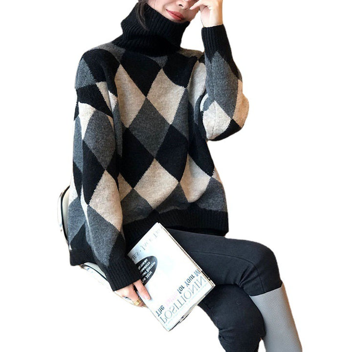 Pull en tricot épais pour femmes avec motif en diamant moderne et col haut Chic & Stil