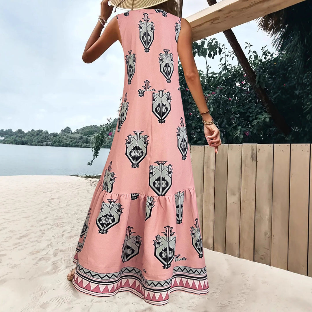 Maxi dress for women with an elegant floral pattern and a deep V neckline Lune London