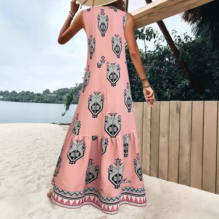 Maxi dress for women with an elegant floral pattern and a deep V neckline Lune London