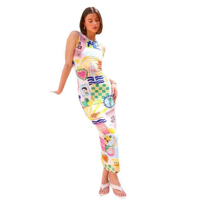 Ladies midi dress with colorful graphic print and figure-hugging cut Lune London