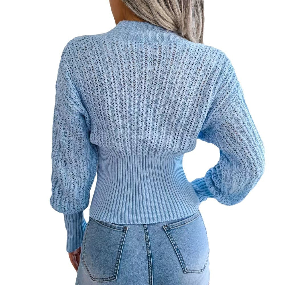 Knitted sweater for women with deep V-neck and textured twisted pattern Lune London